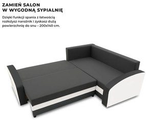 Grande sarokkanapé polcokkal , polc a bal karfaban, jobboldali, szövet anyag, bonell töltet, szürke - fehér