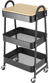 HOMCOM 3-Tier Görgős Segédszekrény Konyhai Kocsi 3 Acél Kosárral és 1 Fedlappal Étkezőbe és Fürdőszobába 45x31x79,5 cm Fekete | Aosom