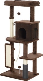 PawHut Macska Kaparófa 132 cm Magas Macska Fa Macska Torony Platformokkal, Kefe, Lógó Labdákkal és Kaparó Lappal Barna | Aosom