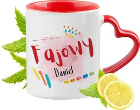 Danielnek Piros bögre szív alakú füllel ajándékba