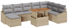 9 Darabos Kerti Étkező Szett Párnákkal Bézs Poli Rattan Akácia