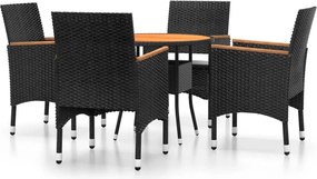vidaXL 5 részes fekete polyrattan és tömör fa kerti bisztrószett
