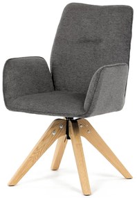 Scaun de sufragerie cu cotiere, din material hidrofug gri închis, cu picioare de stejar, rotativ la 360°