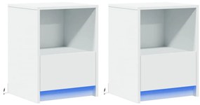 2 db fehér szerelt fa éjjeliszekrény LED-fényekkel