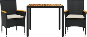 vidaXL 3részes fekete polyrattan/akácfa kerti étkezőgarnitúra párnákkal