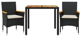 vidaXL 3részes fekete polyrattan/akácfa kerti étkezőgarnitúra párnákkal
