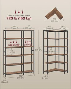 VASAGLE 6 szintes könyvespolc és sarokpolc, 24 x 102 x 175,2 cm, rusztikus barna és tintafekete