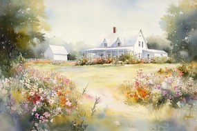 Fotótapéta Flizelina Tájkép Falu Fehér Ház Kert Virágok Nyár 416x290 ragasztó