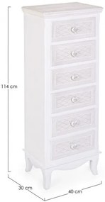 Vintage stílusú fa 6 fiókos komód fehér 114 cm szív alakú fogantyúval