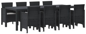 9 részes kerti étkező szett párnákkal fekete műanyag rattan