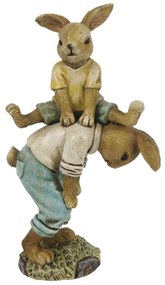 Húsvéti dekoráció, nyuszipapa hátán nyuszifiú játék közben, műgyanta figura, 9x4x15cm
