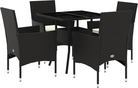 vidaXL 5 részes fekete polyrattan/üveg kerti étkezőgarnitúra párnákkal