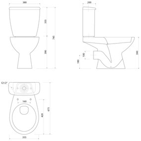 Aqualine Aqualine, JOSE WC kombi, kétgombos 3/6l, hátsó hulladék, fehér, PS8812