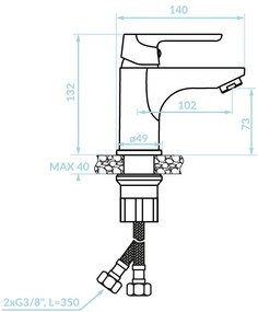 Kuchinox Dima, mosdócsaptelep ClickClack leeresztőcsavarral h-132, fehér matt, LAV-BQD_622D