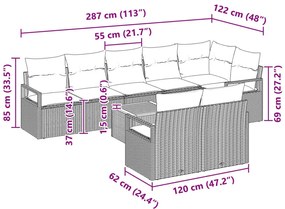9 darabos kerti kanapé szett párnákkal Szürke Poli Rattan Akácia, 2 személyes kerti kanapé párnákkal Szürke Poli Rattan