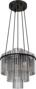 Globo 15698H2 Függőlámpa, fém fekete matt, füstszínű üvegrudak, kábel PVC fekete, magasság rövidíthető, ø: 400mm, M: 1200mm, 5x E14 40W 230V izzók nélkül