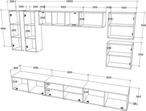 Kos V1 nappali szekrénysor, Fekete / Fényes fehér, MDF, 285 cm