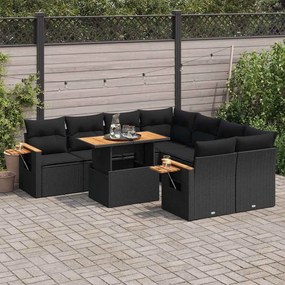 9 részes fekete polyrattan akácfa kerti ülőgarnitúra párnákkal