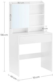 Fésülködőasztal tükörrel, fiókos kozmetikai asztal, fehér