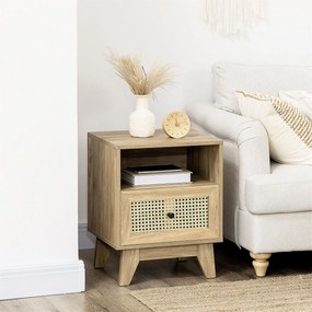 HOMCOM Éjjeliszekrény Tároló Szekrény Fiókkal Rattan Cane Ajtóval és Vintage Dizájnnal 45 x 39 x 56,5 cm | Aosom
