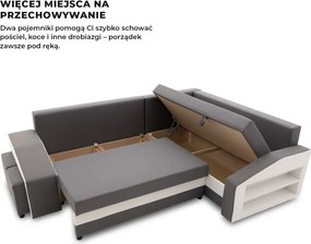 Grande sarokkanapé polcokkal és puffokkal , polc a jobb karfaban puffok a bal karfaban, jobboldali, szövet anyag, bonell töltet, szürke - fehér