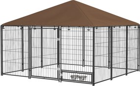 PawHut Fém Kültéri Kutyakerítés Napellenzővel és Forgó Etetőtálakkal 2 Tál a Teraszra 211x141x151 cm Fekete | Aosom