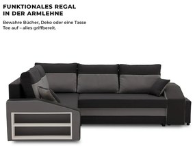 Grande sarokkanapé polcokkal és puffokkal , polc a bal karfaban puffok a jobb karfaban, baloldali, szövet anyag, hab töltet, fekete - szürke