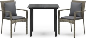 vidaXL 3 részes fekete és szürke polyrattan kerti étkezőszett párnával