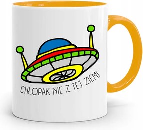 Sárga Bögre Ajándék Fiúnak Nem Ebből A Földből, fényképes nyomattal