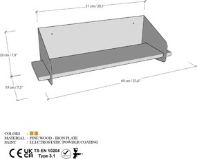 Long fali polc, fekete, 60 cm