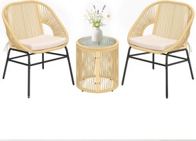 Outsunny 3 részes rattan bistro szett – 2 párnázott fotel és edzett üvegasztal, ergonomikus balkon/terasz bútor, bézs | Aosom
