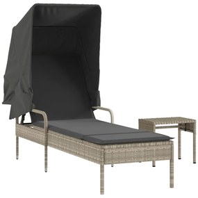 Világosszürke polyrattan napozóágy tetővel és asztallal