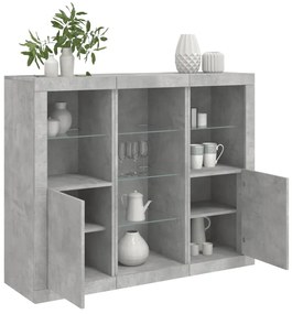 3 db betonszürke szerelt fa tálalószekrény LED-ekkel