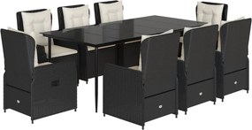 vidaXL 9 részes fekete polyrattan kerti étkezőgarnitúra párnákkal