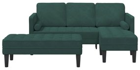 Kerti kanapé padokkal és párnákkal L-alakú sötét zöld bársony, 3-Fős kanapé lábváltozattal sötét zöld 160 cm bársony, Pad sötét zöld 113x57x39 cm bársony