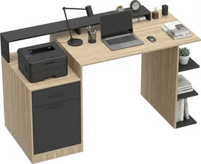 HOMCOM 140 x 60 cm számítógépasztal fiókkal, fejhallgató-tartóval, szekrénnyel és polcokkal — tölgy/fekete | Aosom