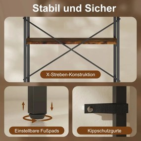 Könyvespolc, 5 polc, fém, melamin felület, barna