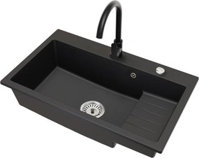 Gránit mosogató szifonnal és csepegtető felülettel, fekete, 80x48, RONA