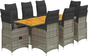 vidaXL 9 részes szürke polyrattan kerti bisztrógarnitúra párnákkal
