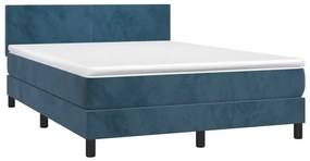 sötétkék bársony rugós és LED-es ágy matraccal 140x190 cm