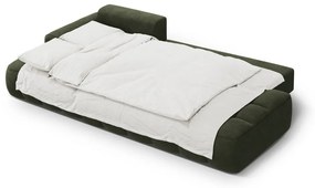 Zöld bársony kinyitható-tárolóhelyes sarokkanapé (bal oldali-heverő résszel) Linz – Cosmopolitan Design