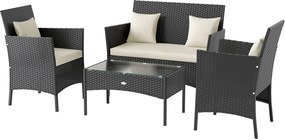 Outsunny Szintetikus Rattan Kerti Bútor Készlet - 4 Részes Kültéri Készlet 2 Székkel, 1 Kettős Kanapéval és 1 Üvegtetős Kávézóasztallal, Fekete és Kré