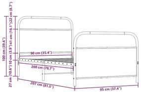 ágykeret matrac nélkül 90x200 cm füstölt tölgy fűrészelt fa