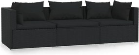 vidaXL fekete háromszemélyes polyrattan kanapé párnákkal