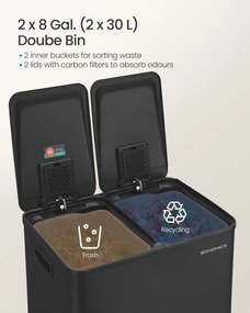 SONGMICS 60L Konyhai szemetes (2x30L), lágy záródás, fekete