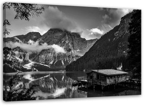 Gario Vászonkép Hegyi tóparti faház - fekete-fehér Méret: 60 x 40 cm