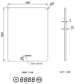 Álló fürdőszobai LED tükör 60x80cm | Páramentesítő funkció - Beépített óra - Fényerő és színhőmérséklet szabályozás | Welland Luxury-Line G790
