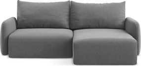 Szürke bársony kinyitható-tárolóhelyes sarokkanapé (jobb oldali-heverő résszel) Kalena – Makamii