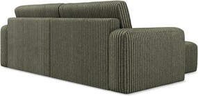 Zöld kordbársony kinyitható-tárolóhelyes sarokkanapé (bal oldali-heverő résszel) Kona – Makamii