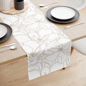Goldea pamut asztali futó - világos bézs virágok fehér alapon 50x160 cm